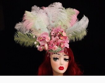 Pink green feathered showgirl headdress with flowers beading and silver glittery stars quirky kitsch bambi Ascot hat Burlesque Gay pride