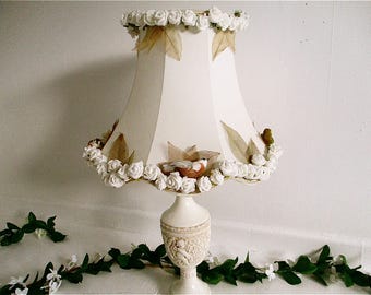 Large cream Ivory bird lampshade shabby chic hand decorated with foliage leaves lampshade with birds bespoke boudoir lamp victoriana