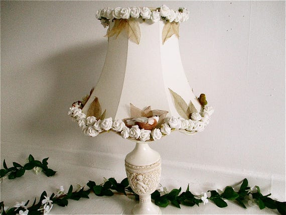 Large Cream Ivory Bird Lampshade Shabby Chic Hand Decorated With