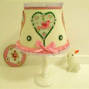 Pink Gingham lampshade Ivory Cream gingham lampshade with birds green pink flowered girl's folk art bedroom light hand decorated bows