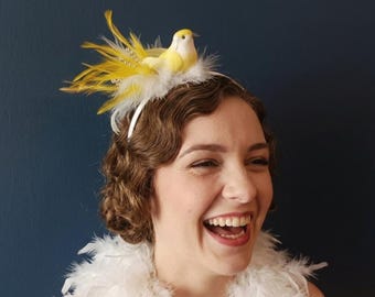 Yellow white bird headband white feathered headpiece burlesque headdress surreal whimsical hair accessories bridesmaid accessory festival