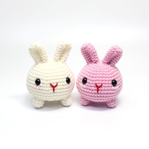 May include: Two crocheted bunny plushies, one white and one pink, with black eyes and red embroidered noses.