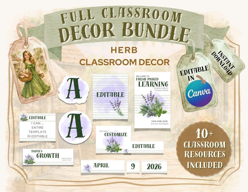 Herb Garden Classroom Decor Bundle | Editable Lavender Theme (digital ...