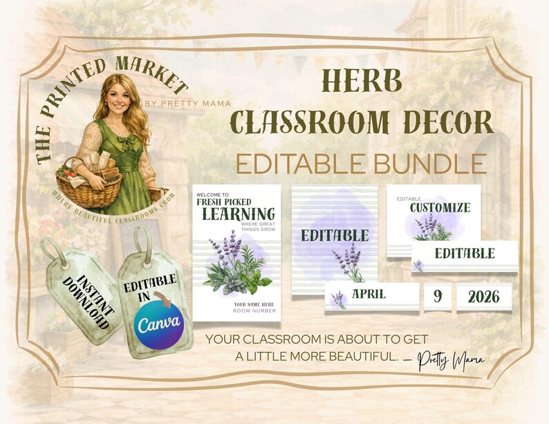 Herb Garden Classroom Decor Bundle | Editable Lavender Theme (digital ...