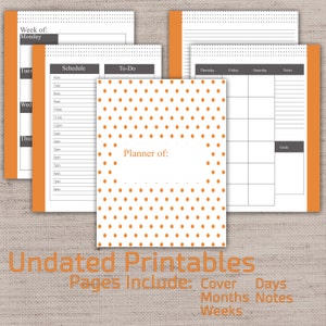 Planificador imprimible sin fecha - Orange Polka Dot - Grande 8.5 x 11 PDF
