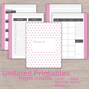 Puede incluir: Un planificador imprimible con una portada de lunares rosas. El planificador incluye páginas para programar, listas de tareas, planificación diaria, semanal y mensual, y notas. El texto "Planner of:" está en la parte superior de la portada.