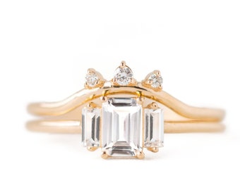 14K White Sapphire Wedding Ring Set, Diamond Wedding Band, GEO Ring Set, Unique Engagement Ring, Engagement Ring, Stacking Ring