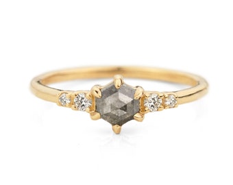 SOLD OUT- Salt and Pepper Diamond ring, The Hexagon Cut Diamond Ring, Hexagon Cut Diamond, Unique Engagement Ring, 14K Solid Gold Ring,