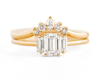 Emerald Cut  Moissanite Diamond Wedding Ring Set, Geo Wedding Ring Set, moissanite ring, unique engagment ring, Three stone solitaire ring
