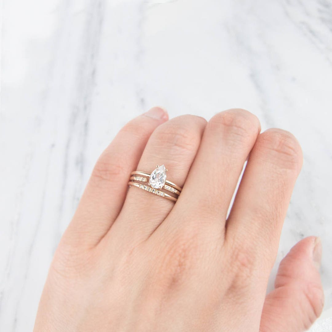 14K White Sapphire Ring, Pear Cut White Sapphire Ring, Unique ...