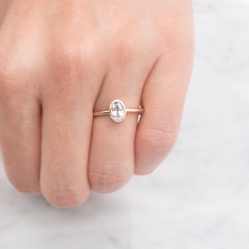 14K white sapphire ring, Oval Cut White Sapphire Ring, Unique Engagement Ring, 14K Solid Gold Ring, Gold Ring, Engagement ring image 3