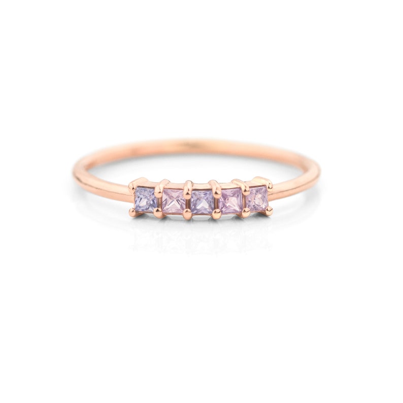 Five Lavender Sapphire Ring,14K Sapphire Ring, Pink Sapphire, Five stone ring, Stacking Ring, Unique Engagement Ring image 5