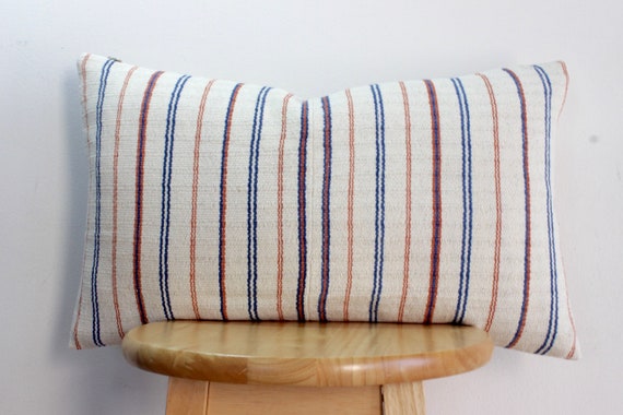 Vintage Hmong Pillow: Handwoven Hemp, Striped Indigo Textile (12x20)