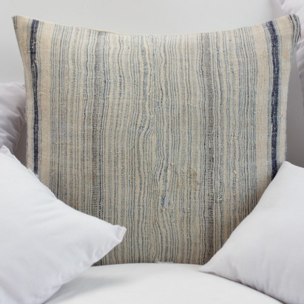 VINTAGE Hmong Pillow Hand Woven HEMP Organic HMONG Ethnic A Piece Of Tribal Textile Striped indigo White Cream (stains)