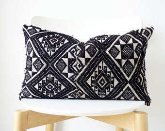 Black Vintage Embroidered Textile Ethnic Pillow Cover (Stain)