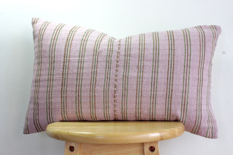 Bohemian HMONG Stripe Textile Embroidered Ethnic Made Piece Tradition Costume pink white Organic Hemp Pillow Case