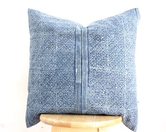 Vintage Hmong Pillow: Handwoven Hemp, Indigo Batik, Tribal Textile