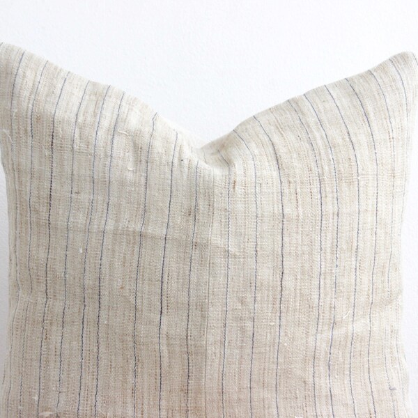 VINTAGE Hmong Pillow Hand Woven HEMP Organic HMONG Ethnic A Piece Of Tribal Textile Striped indigo & White Cream