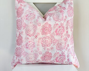 Block Print Pillow Cover: Pink Floral, Hmong Batik, Hemp Back (20x20)
