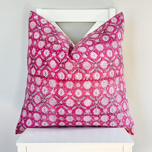 Block Print Flower Pillow: Pink Peach Cotton Voile, Boho Farmhouse Decor