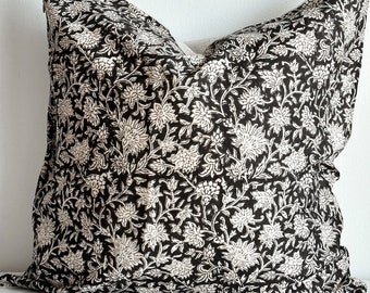 Hmong Hemp Pillow: Vintage Floral Block Print, Boho Farmhouse Decor
