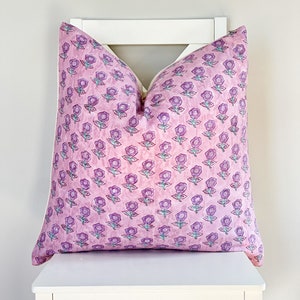 Block Print Flower Pillow Cover: Pink Peach Cotton Voile, 20&quot; x 20&quot;