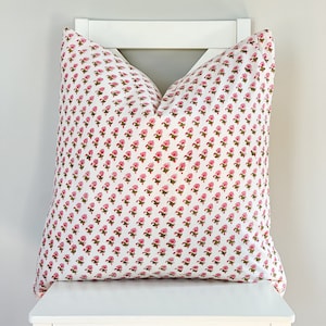 Block Print Pillow Cover: Pink Floral Cotton Voile, Boho Farmhouse Decor (20x20)