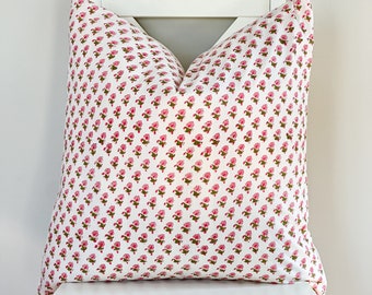 Block Print Pillow Cover: Pink Floral Cotton Voile, Boho Farmhouse Decor (20x20)