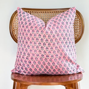 Block Print Flower Pillow: Pink Peach Cotton Voile, Farmhouse Decor