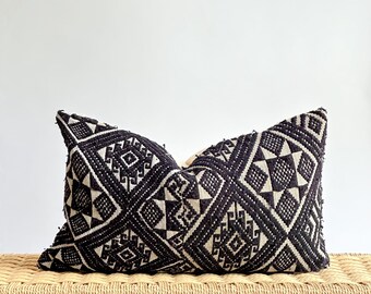 Black Neutral Tribal Hemp Hand Woven Natural Dye Color Lumbar Pillow Cover