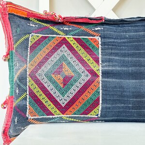 Indigo Hmong Lumbar Pillow Cover: Hand Woven Hemp, Tribal Design (12&quot; x 24&quot;)
