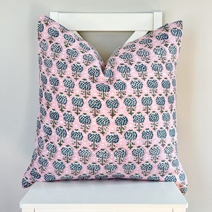 Block Print Flower Pillow: Pink Peach Cotton Voile, Boho Farmhouse Decor