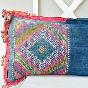 Indigo Hmong Lumbar Pillow Cover: Hand Woven Hemp, Tribal Design (12&quot; x 24&quot;)