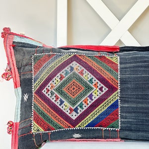 Indigo Tribal Hmong Lumbar Pillow Cover: Hand Woven Hemp, 12&quot; x 24&quot;