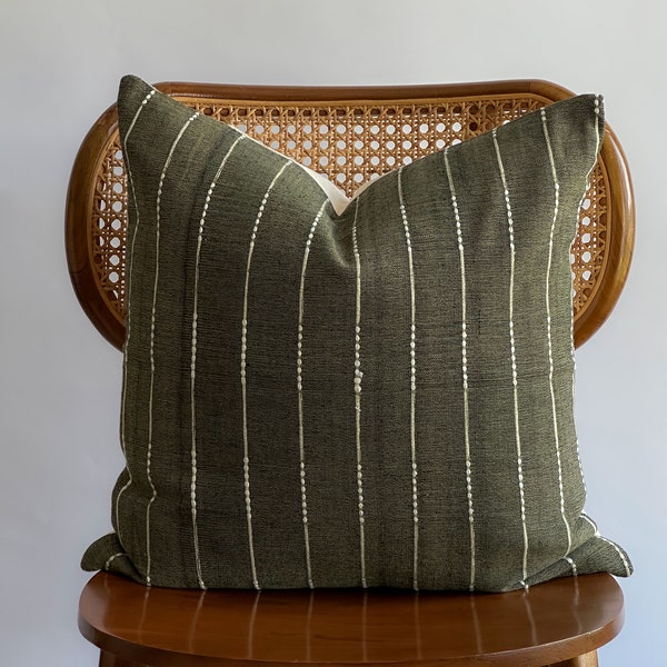 Handmade Hmong Textile Pillow Cover: Olive Green Bohemian Decor