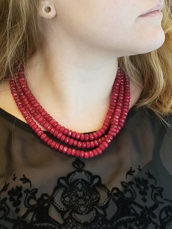 Triple Strand Faceted Ruby Bead Necklace