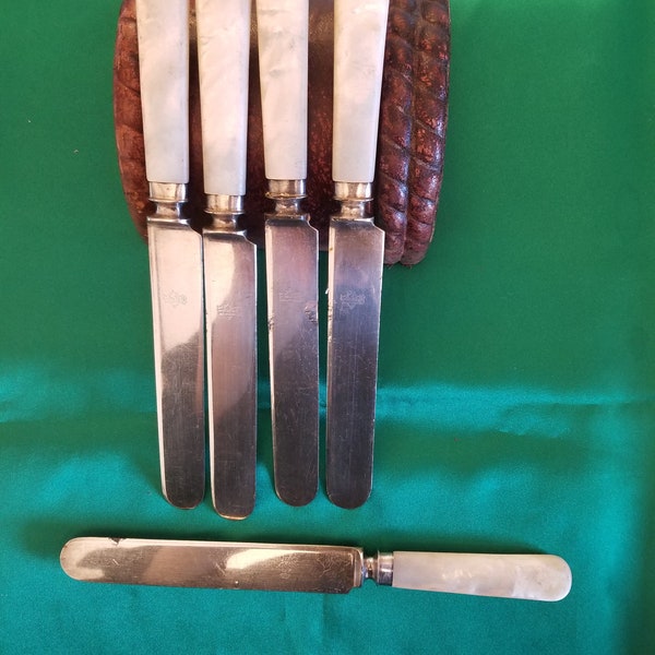 Antique Landers Frary & Clark Dinner Knives MOP Handles Sterling Ferrules