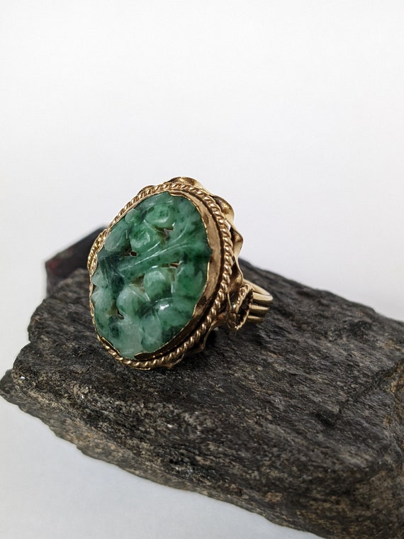 14kt Gold Carved Jade Ring Circa 1940 Ring is Hand