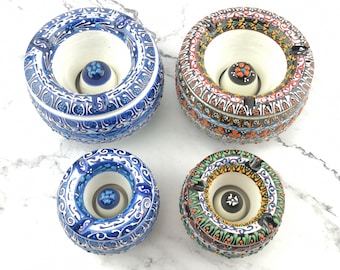 Handmade Ceramic Ashtray with Lid - Hand Painted Turkish Pottery - Smokers Ashtray