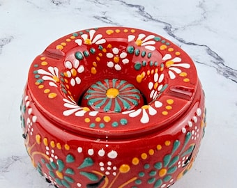 Handgemachter Keramikaschenbecher mit Deckel - Handbemalte türkische Keramik - Raucheraschenbecher