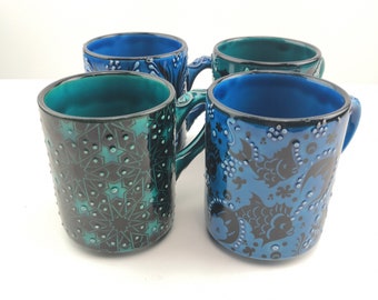 Handmade Ceramic Tea/Coffee Mugs With Traditional Decorative Figured - Xmas Gift