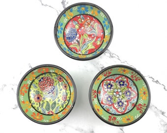 3 Pieces Hand Painted Ceramic Bowls(8cm) - Handmade Turkish Pottery