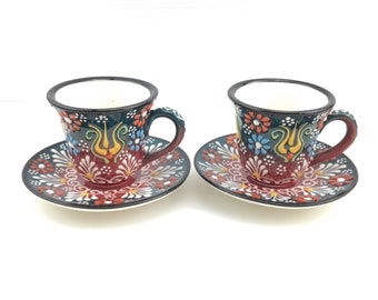 Juego de platillo de taza de café turco hecho a mano (espresso) de 2 flores de porcelana - Cerámica turca