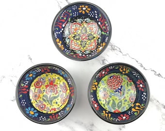 3 Pieces Hand Painted Ceramic Bowls(8cm) - Handmade Turkish Pottery