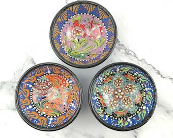 3 Pieces Hand Painted Ceramic Bowls(8cm) - Handmade Turkish Pottery