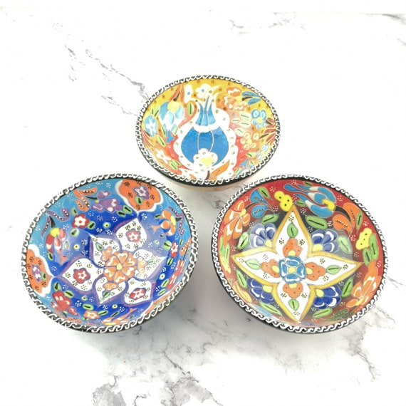 Handmade Turkish Pottery 3 Pieces Ceramic Hand Painted Bowl Set 12 cm