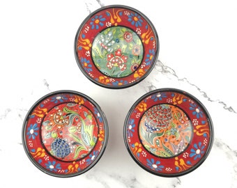 3 Pieces Hand Painted Ceramic Bowls(8cm) - Handmade Turkish Pottery