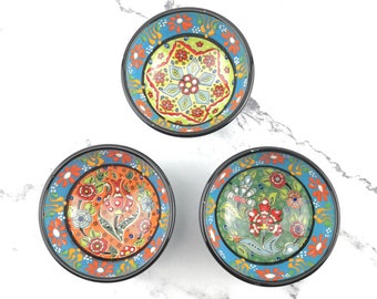 3 Pieces Hand Painted Ceramic Bowls(8cm) - Handmade Turkish Pottery