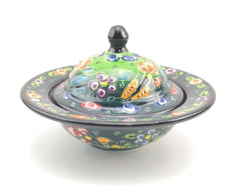 Handmade Ceramic Sugar Bowl With Lid -  Hand Painted Traditional Turkish Ceramic Bowl