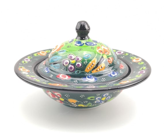 Handmade Turkish Ceramic Sugar Bowl with Lid: Floral Design